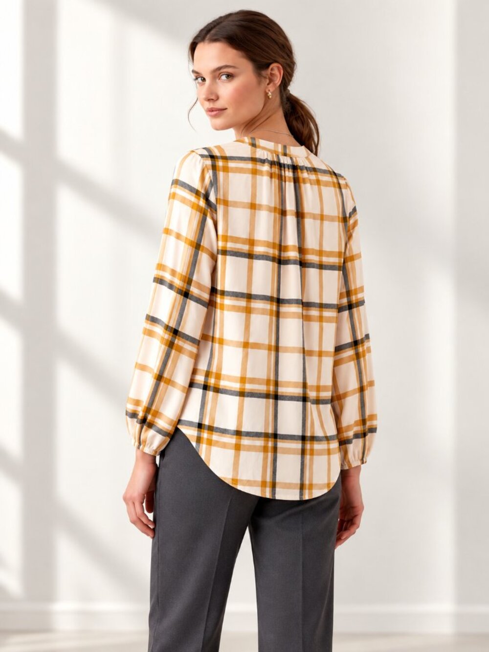 LOFT Saddle Plaid Flannel Shirt Cappuccino Cream Cotton Viscose NWT - Picture 2 of 6